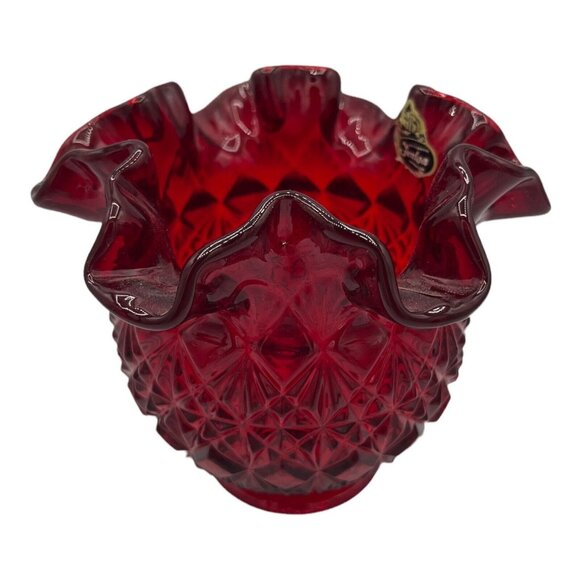 Fenton Art Glass Diamond Star Pattern Ruby Red Amberina Bowl Vase Ruffled Edge - Picture 3 of 12